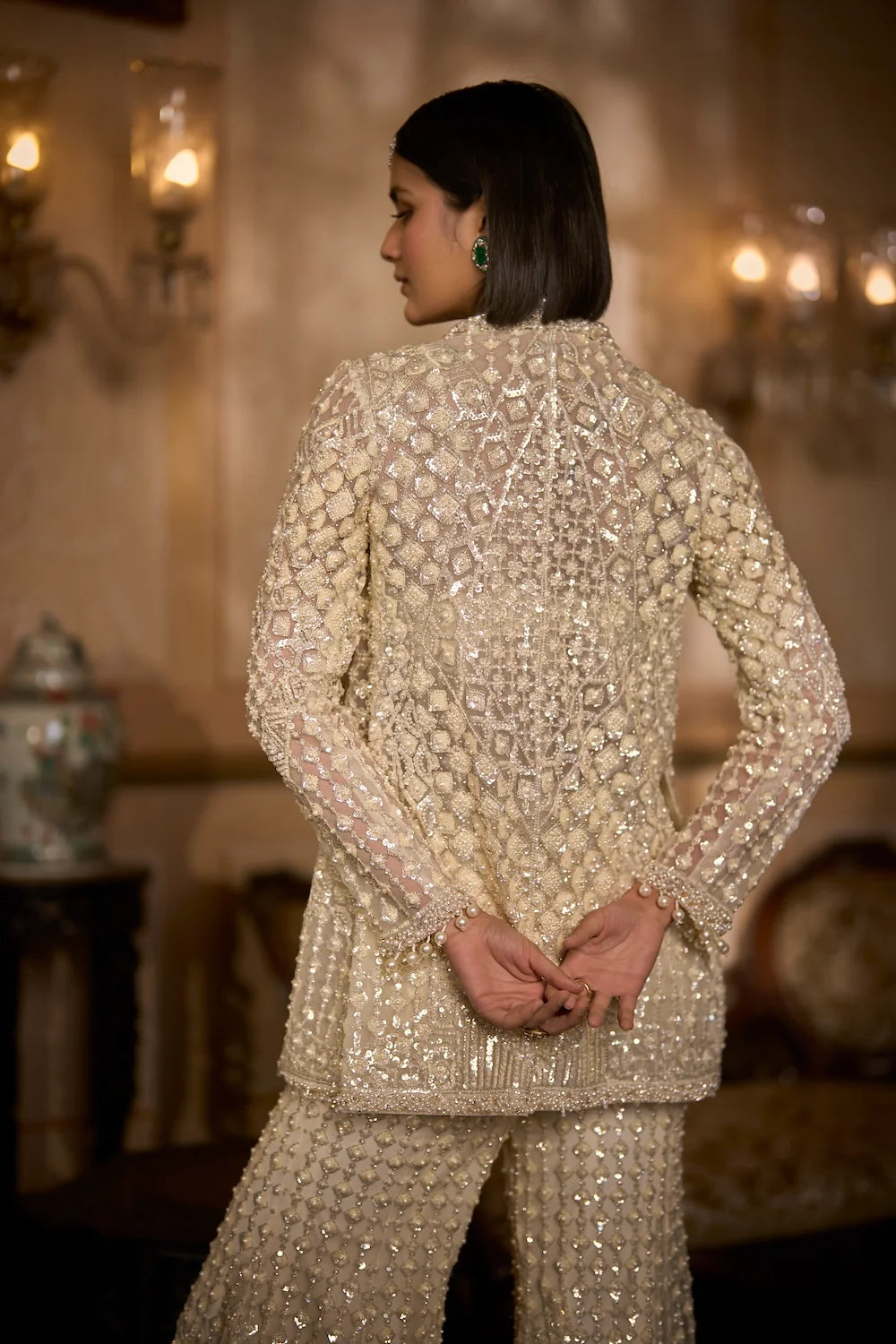 Seema Gujral - Cream Open Jacket Sharara - Pant Set