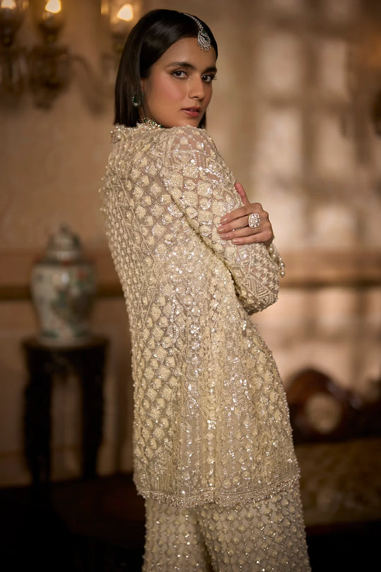 Seema Gujral - Cream Open Jacket Sharara - Pant Set