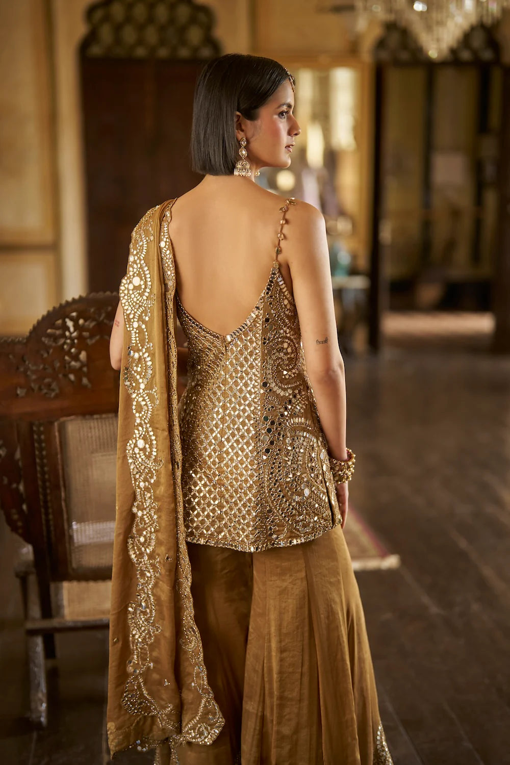Seema Gujral - Antique Gold Mirror Sharara Set
