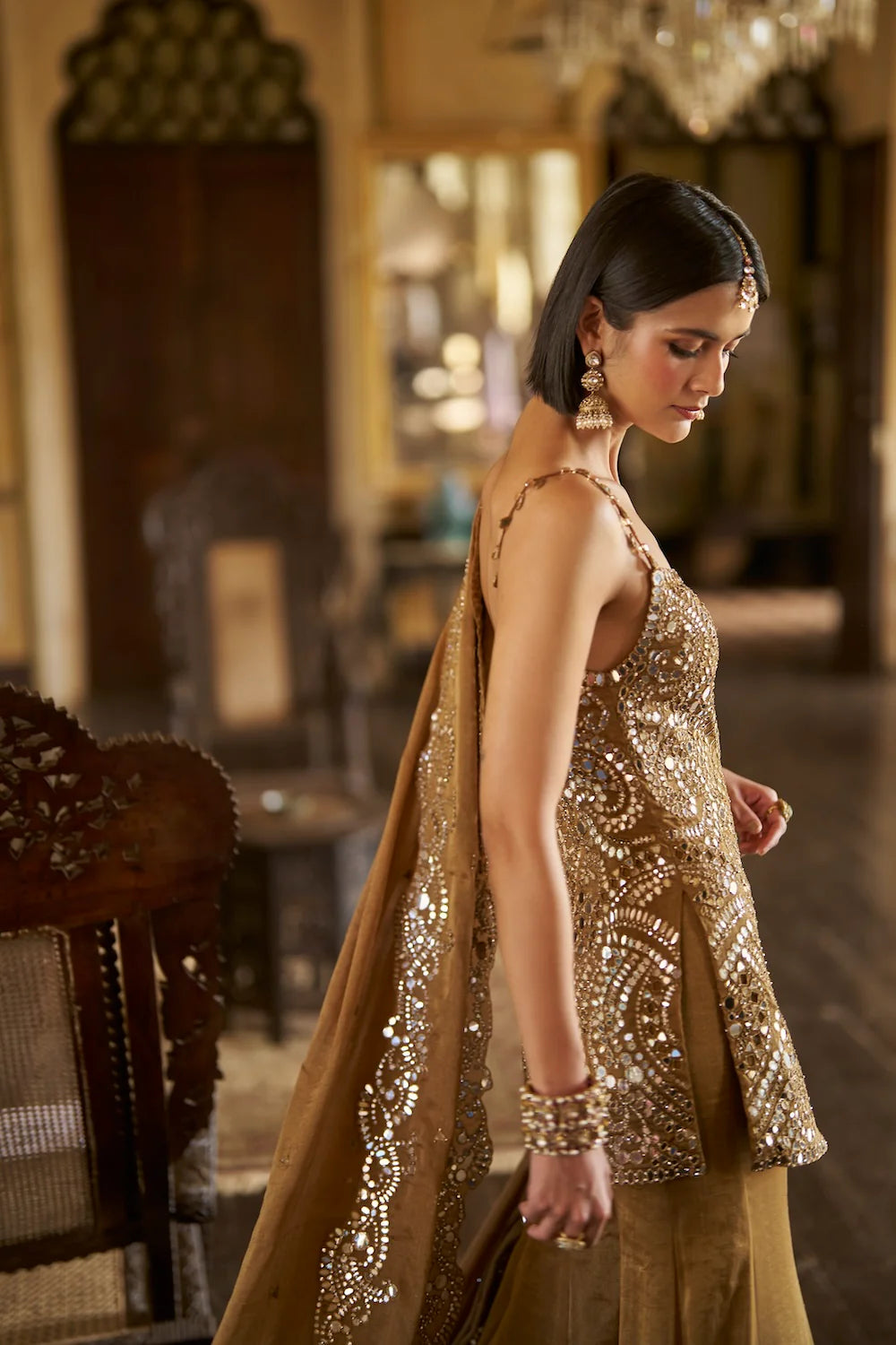 Seema Gujral - Antique Gold Mirror Sharara Set