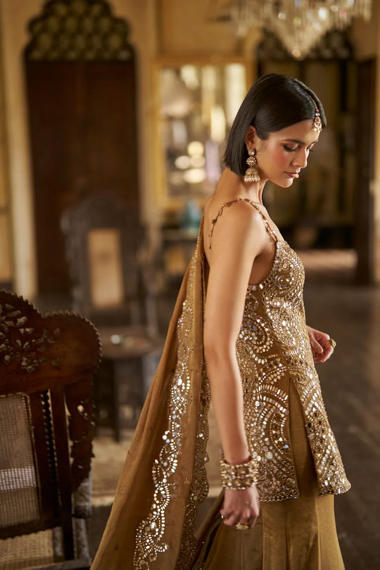 Seema Gujral - Antique Gold Mirror Sharara Set