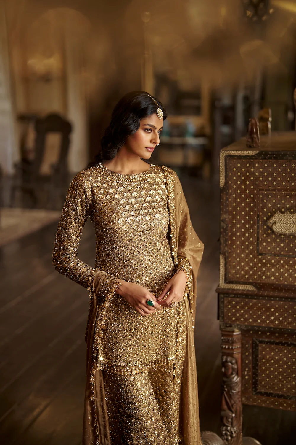 Seema Gujral - Antique Gold Sequin Sharara Set
