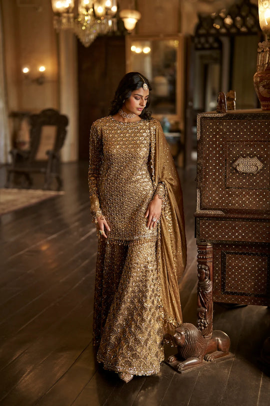Seema Gujral - Antique Gold Sequin Sharara Set