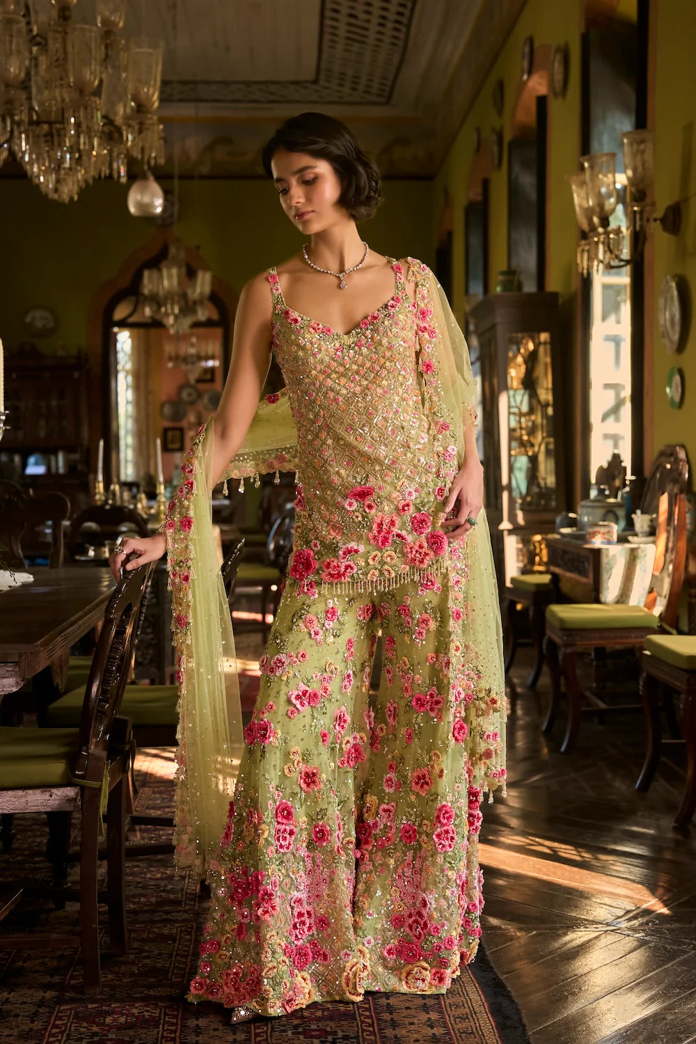 Seema Gujral - Leaf Green Three-Dimensional Sharara Set