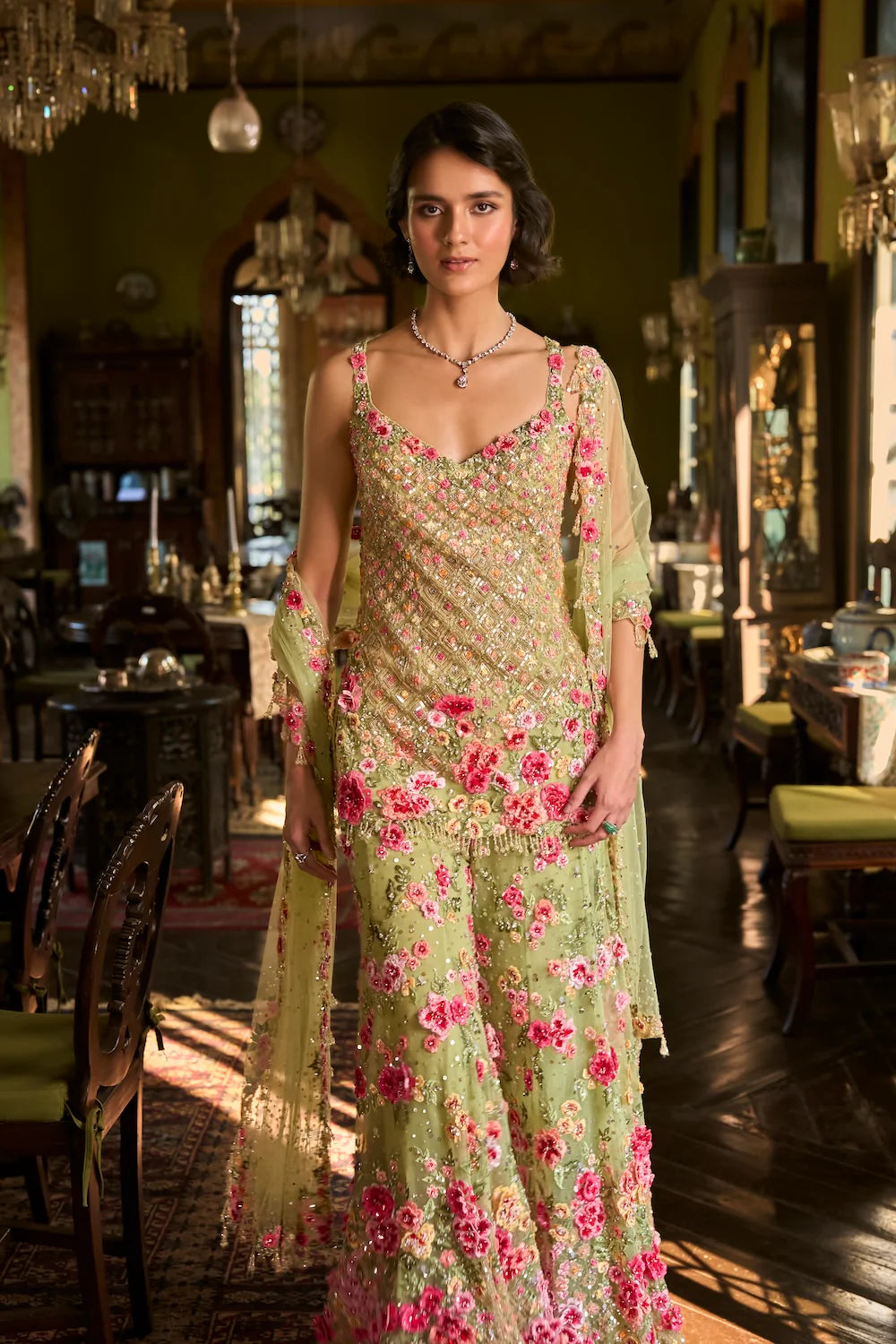 Seema Gujral - Leaf Green Three-Dimensional Sharara Set