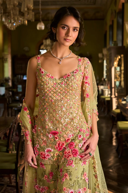 Seema Gujral - Leaf Green Three-Dimensional Sharara Set