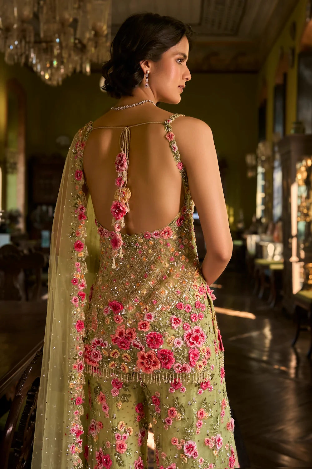 Seema Gujral - Leaf Green Three-Dimensional Sharara Set