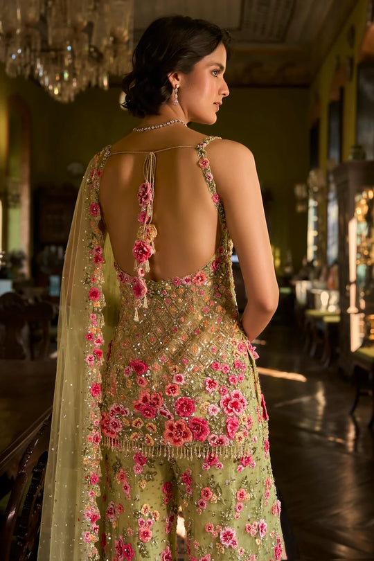 Seema Gujral - Leaf Green Three-Dimensional Sharara Set