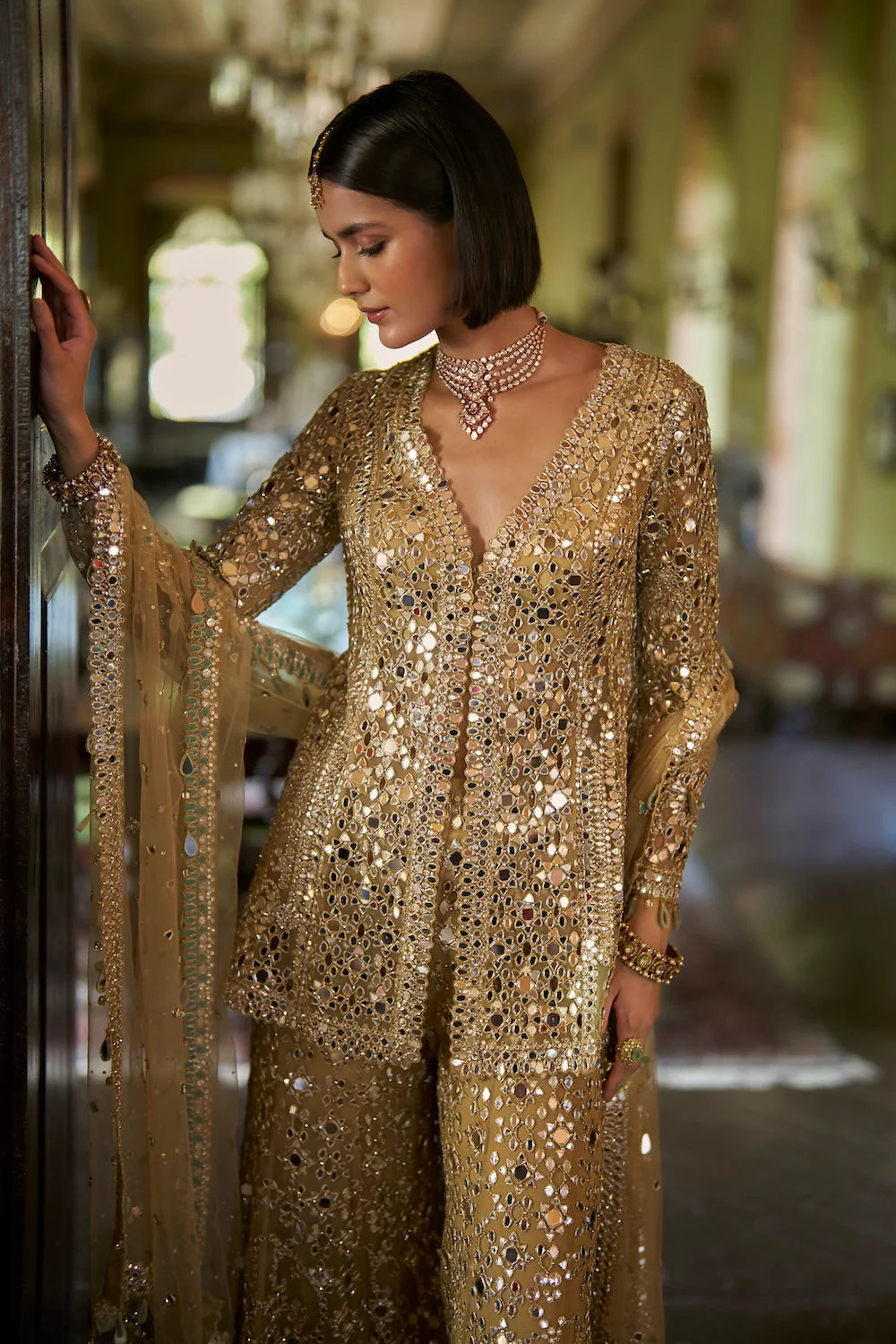 Seema Gujral - Gold Mirror Work Sharara Set