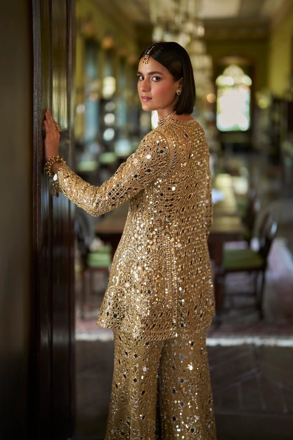 Seema Gujral - Gold Mirror Work Sharara Set