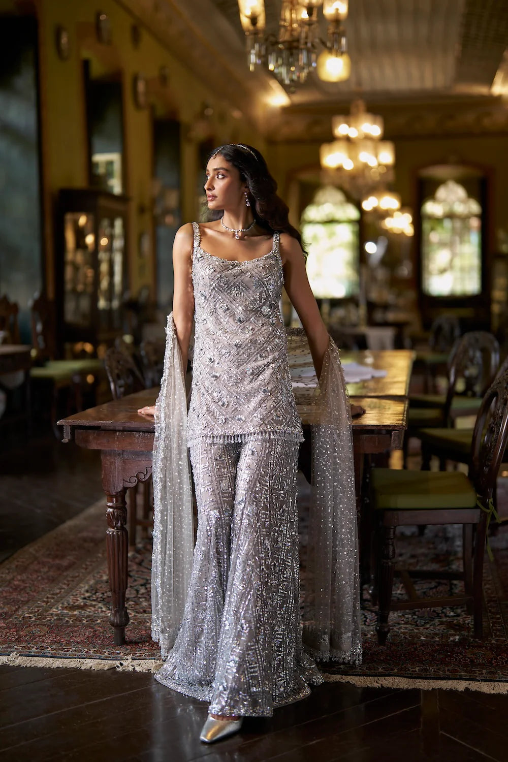 Seema Gujral - Silver Sequin Sharara Set