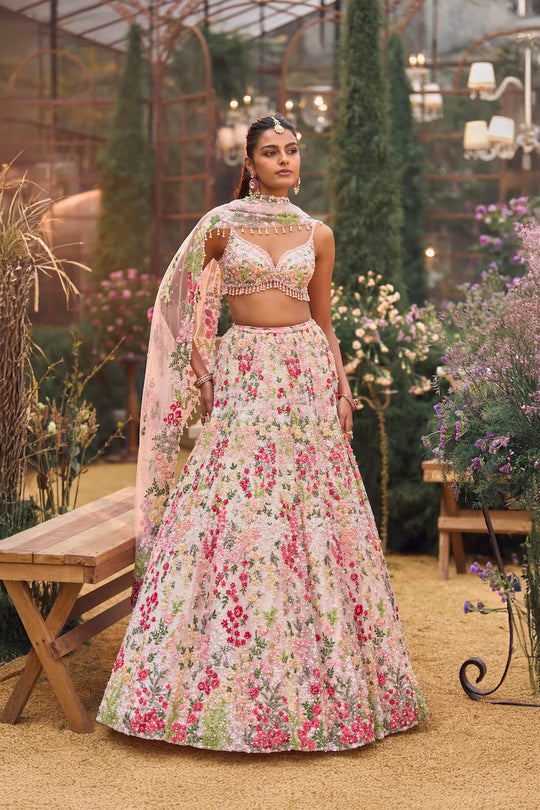 Seema Gujral - Powder Peach Multi-Coloured Lehenga Set