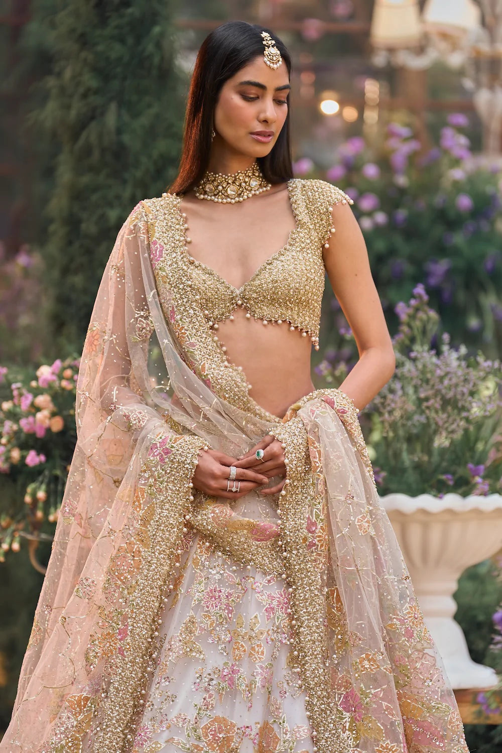 Seema Gujral - Cream Gold Floral Lehenga Set
