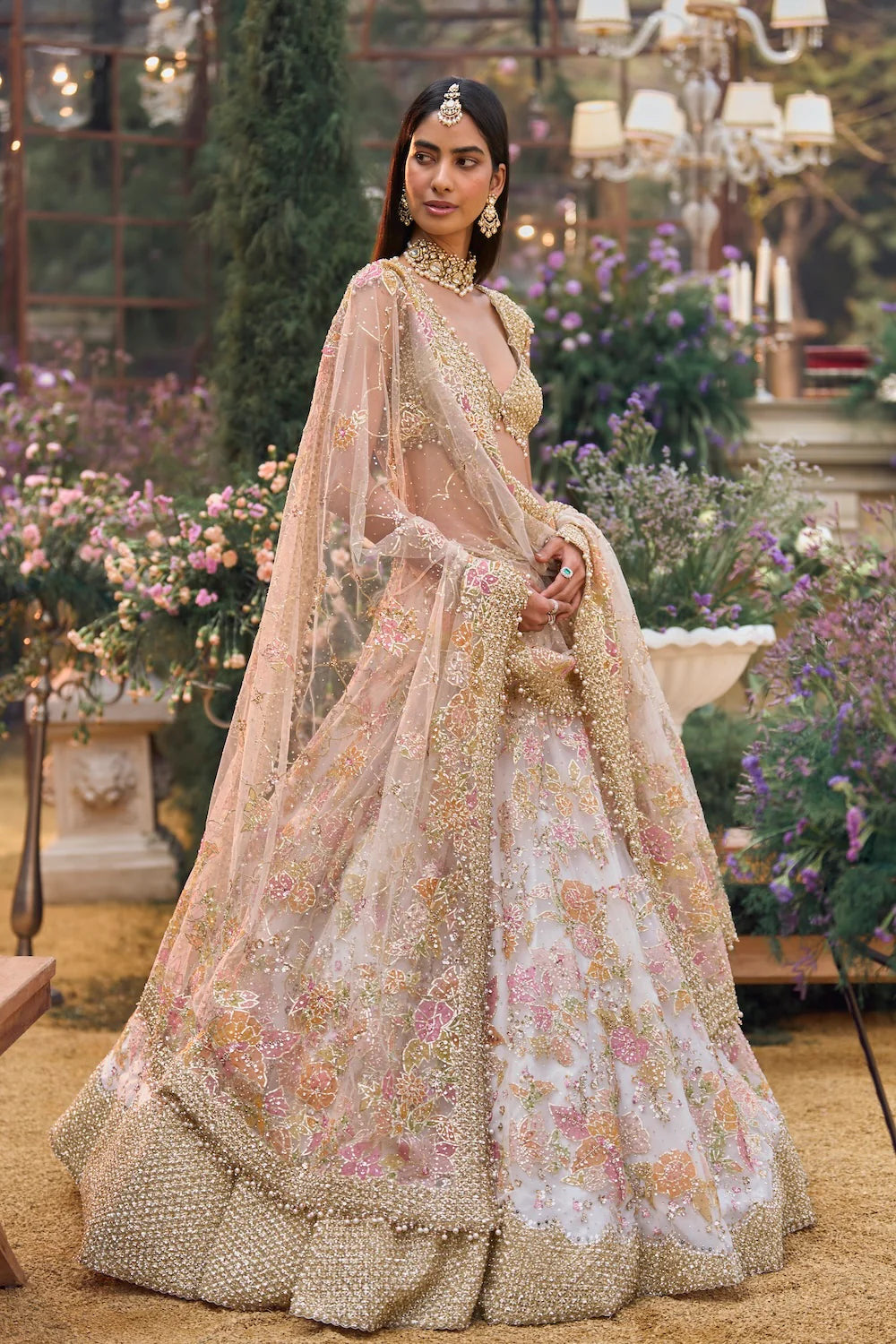 Seema Gujral - Cream Gold Floral Lehenga Set