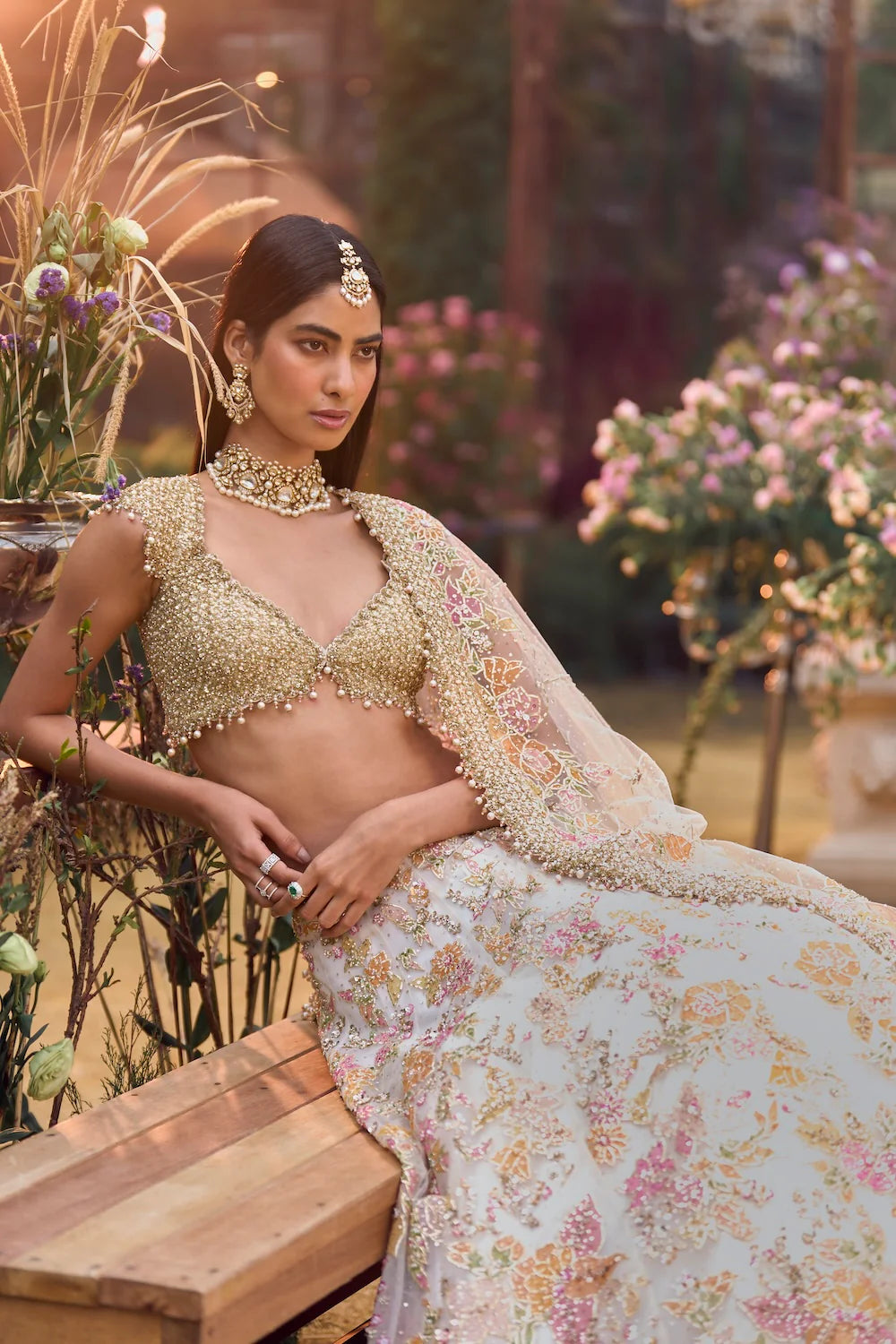 Seema Gujral - Cream Gold Floral Lehenga Set