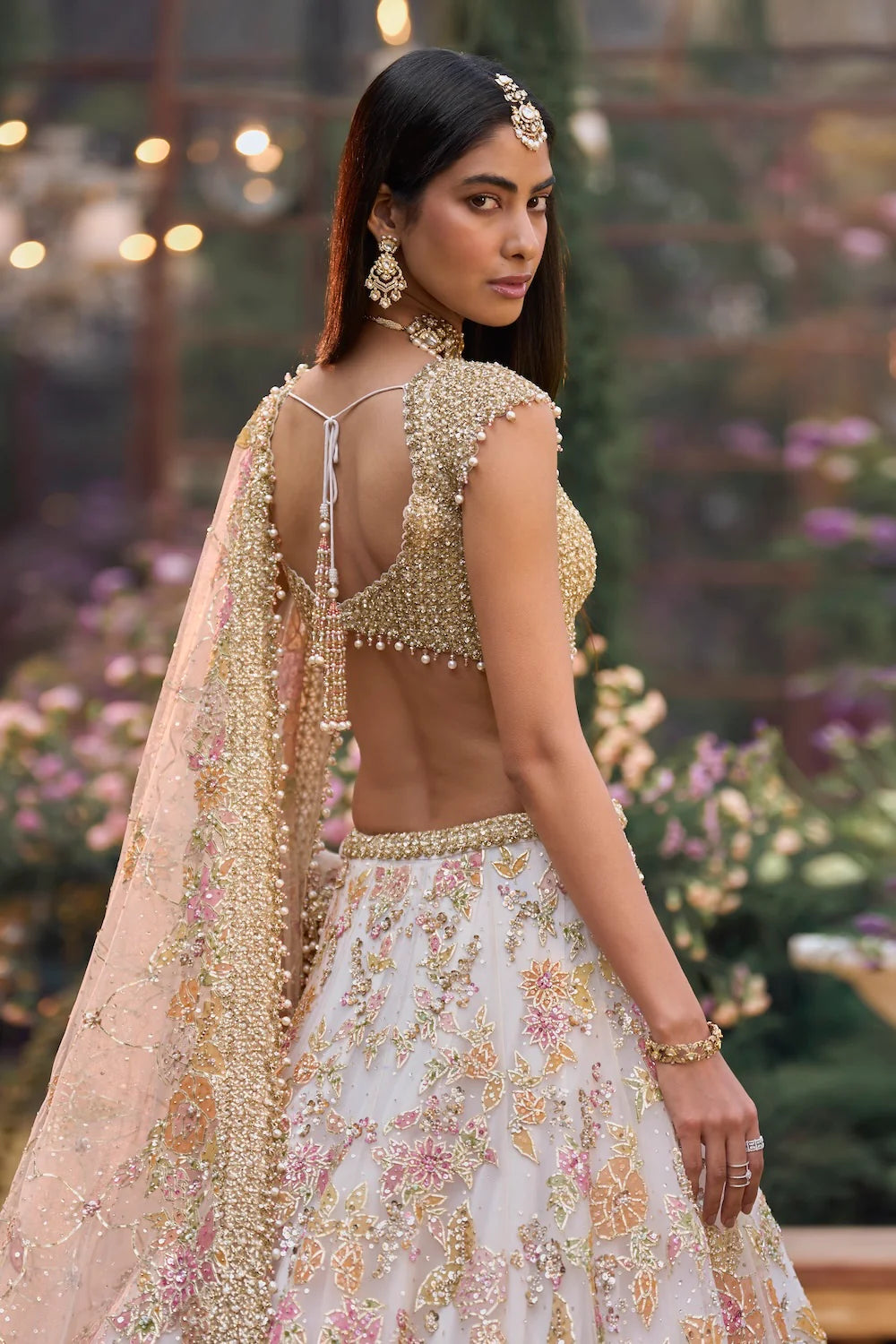 Seema Gujral - Cream Gold Floral Lehenga Set