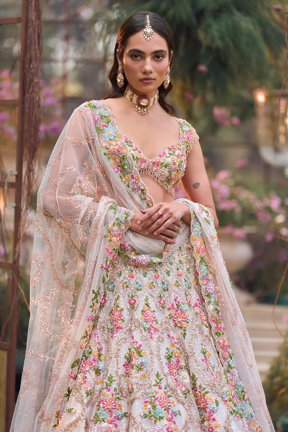 Seema Gujral - Cream Multi-Coloured Floral Lehenga Set