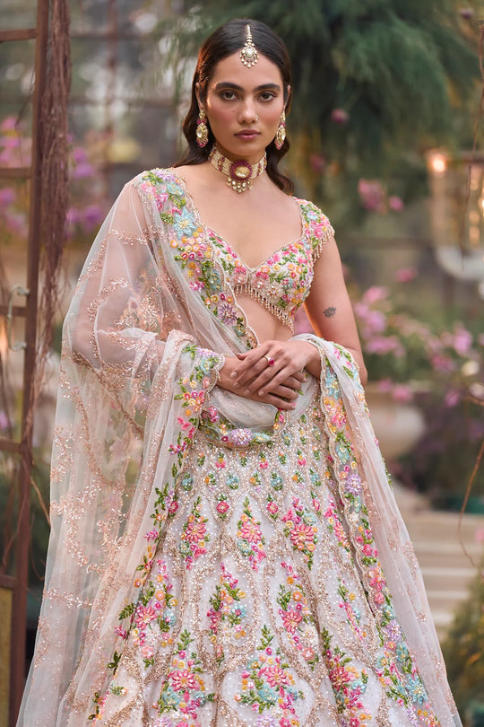 Seema Gujral - Cream Multi-Coloured Floral Lehenga Set