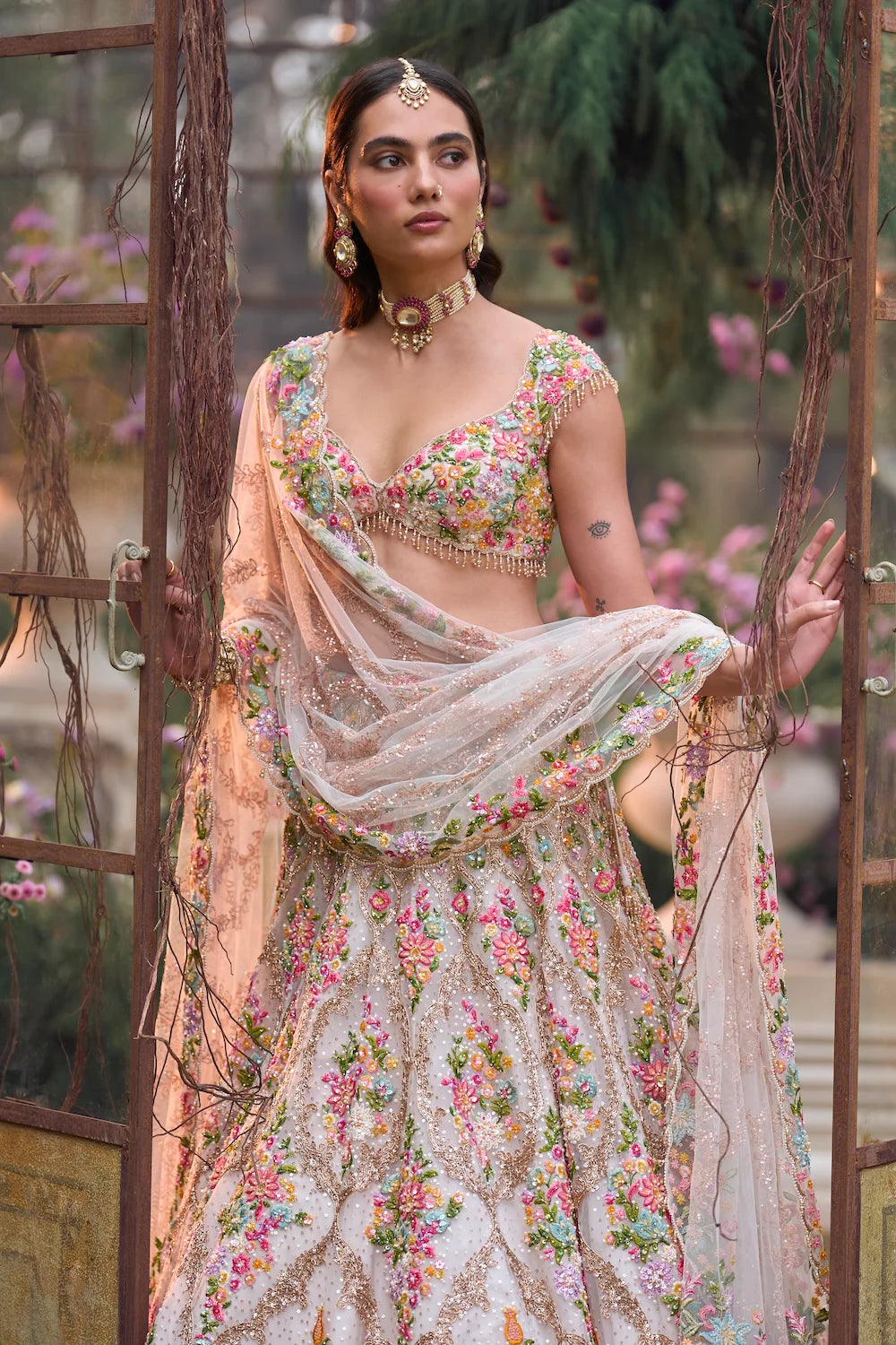 Seema Gujral - Cream Multi-Coloured Floral Lehenga Set