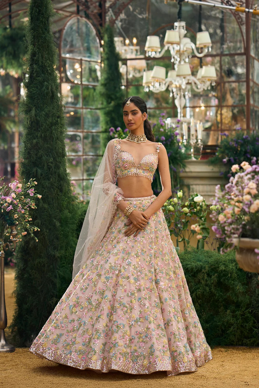 Seema Gujral - Powder Peach Floral Lehenga Set