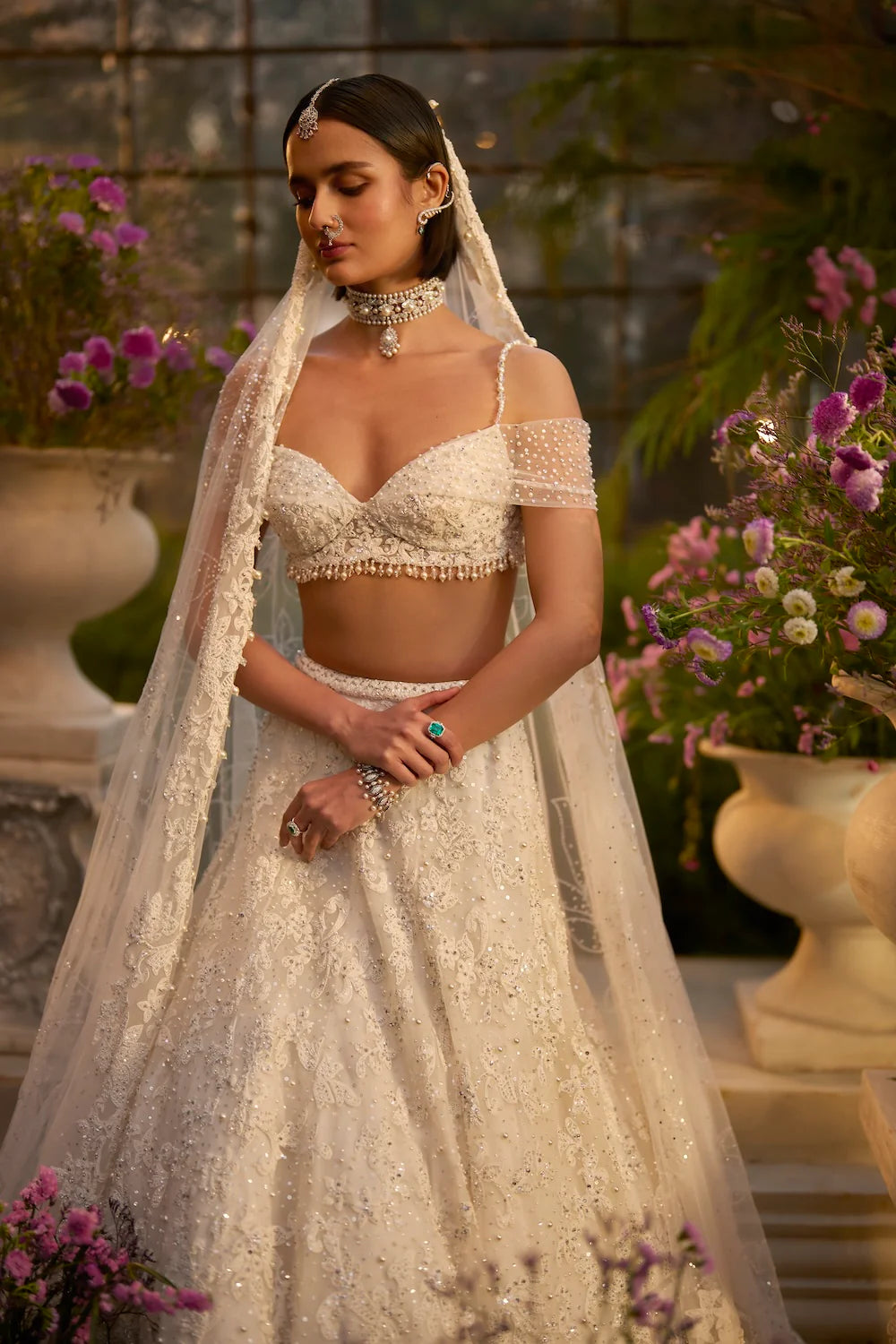 Seema Gujral - Ivory Floral Lehenga Set