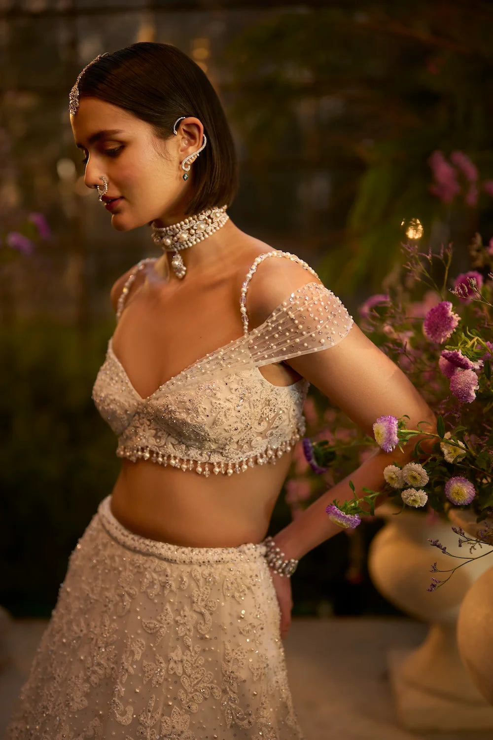 Seema Gujral - Ivory Floral Lehenga Set