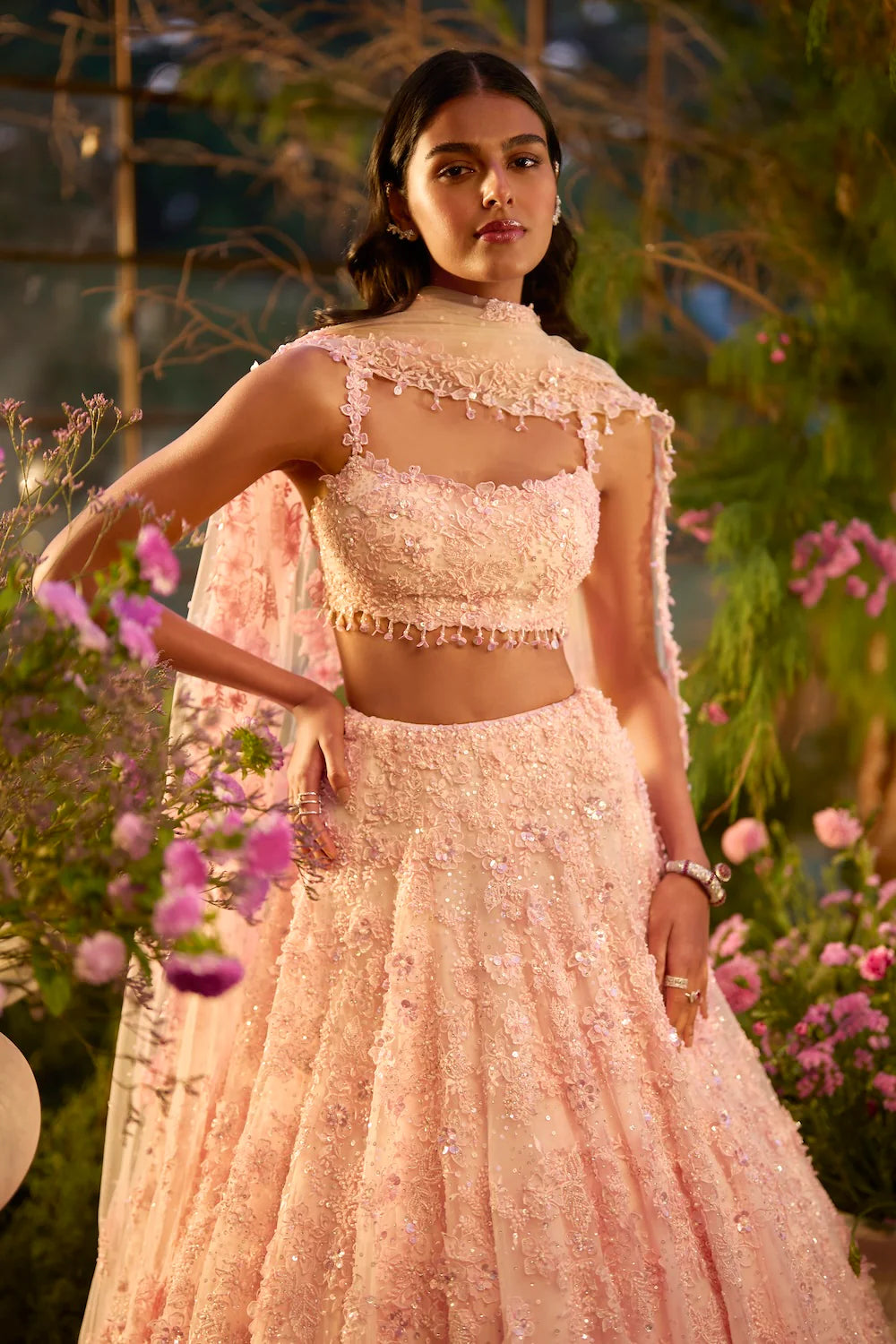 Seema Gujral - Candy Pink Three-Dimensional Lehenga Set