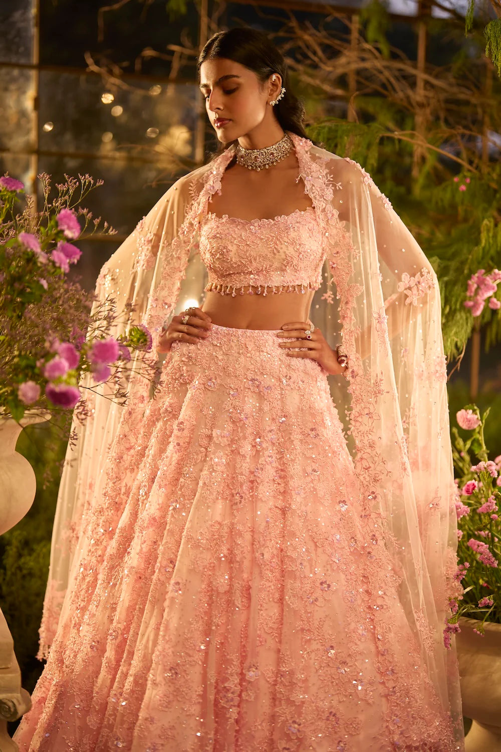 Seema Gujral - Candy Pink Three-Dimensional Lehenga Set