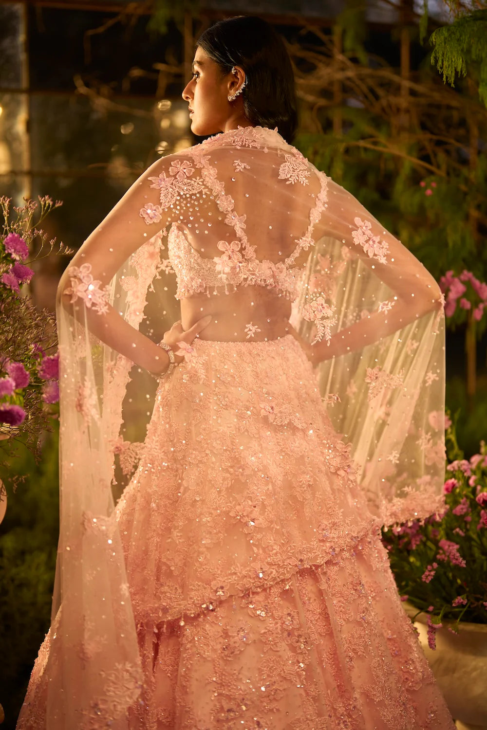 Seema Gujral - Candy Pink Three-Dimensional Lehenga Set