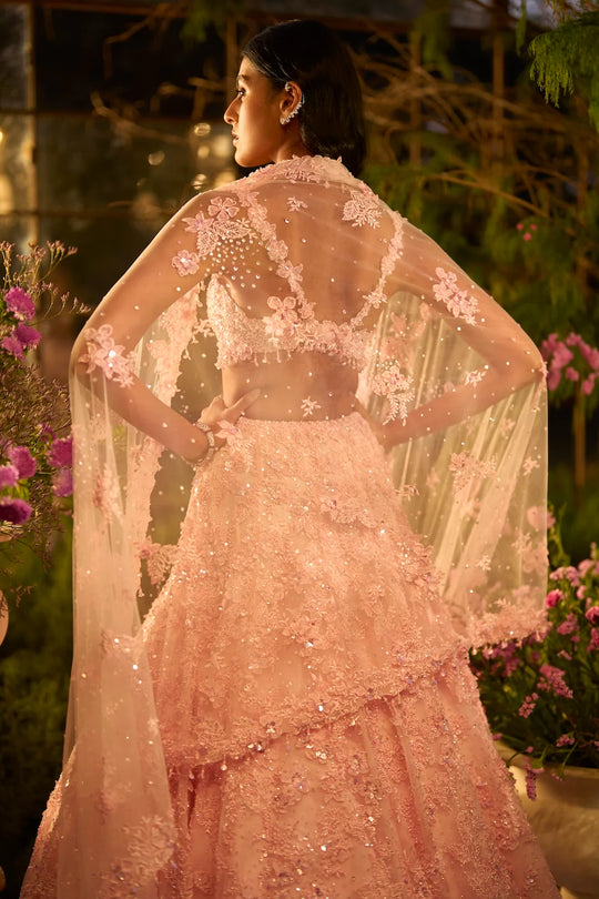 Seema Gujral - Candy Pink Three-Dimensional Lehenga Set