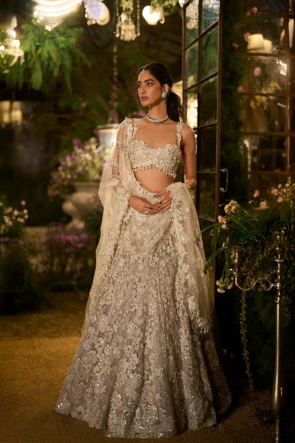 Seema Gujral - Ice Grey Pearl Lehenga Set