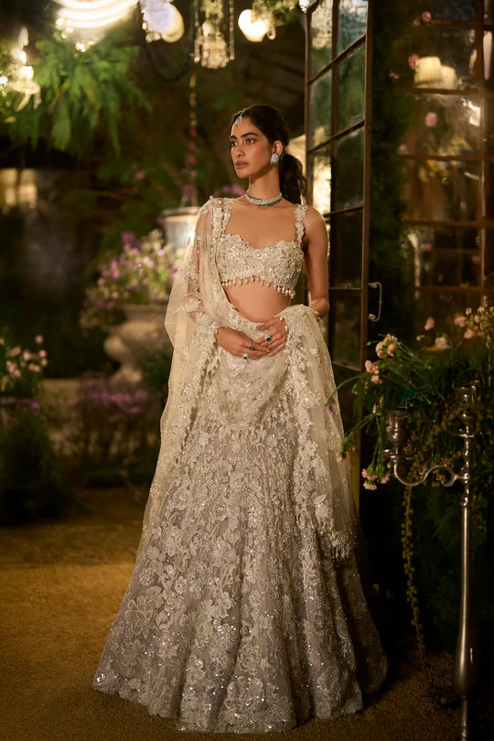 Seema Gujral - Ice Grey Pearl Lehenga Set