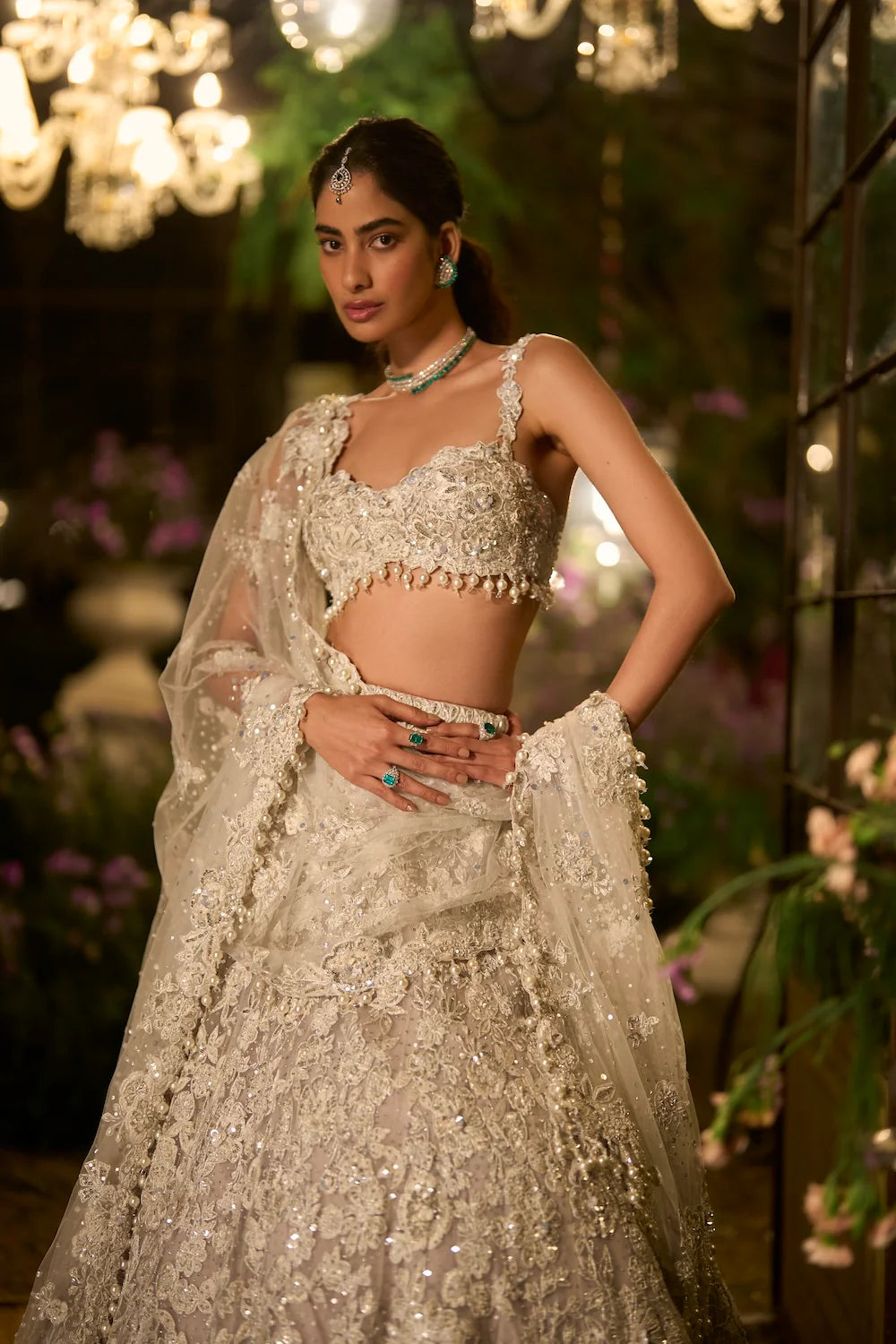 Seema Gujral - Ice Grey Pearl Lehenga Set