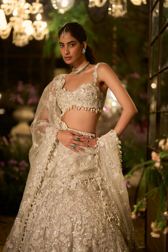Seema Gujral - Ice Grey Pearl Lehenga Set