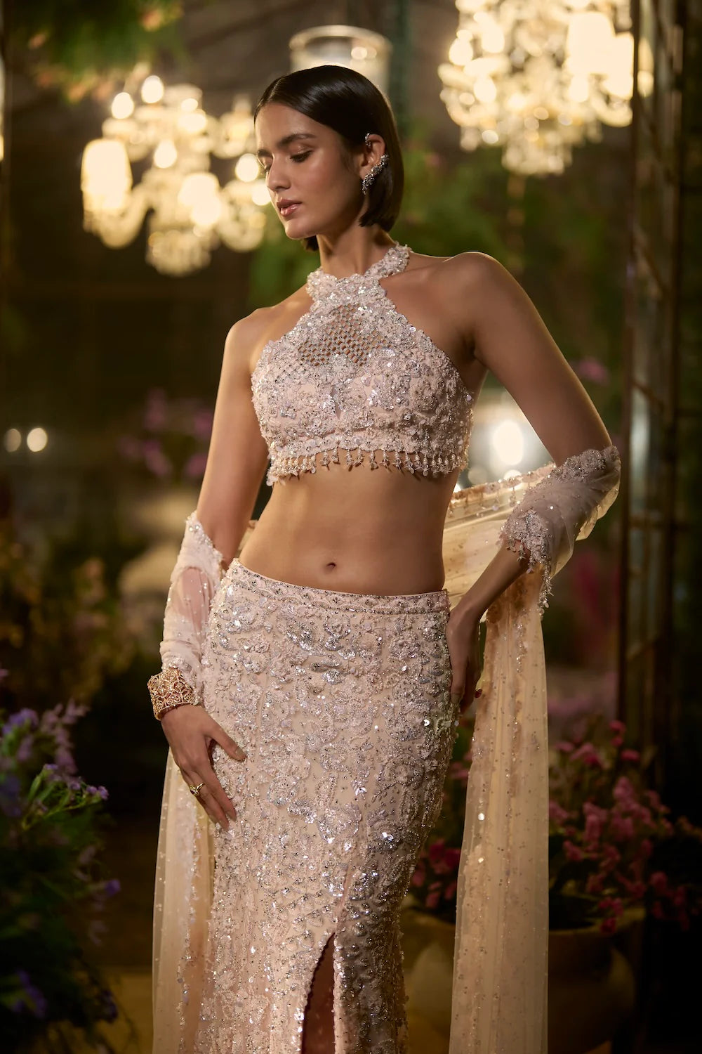 Seema Gujral - Powder Peach Slit Skirt Set