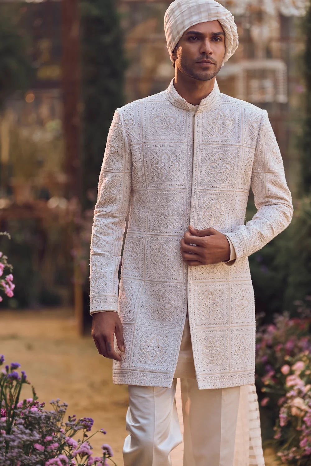 Seema Gujral - Ivory Geometric Sherwani Set