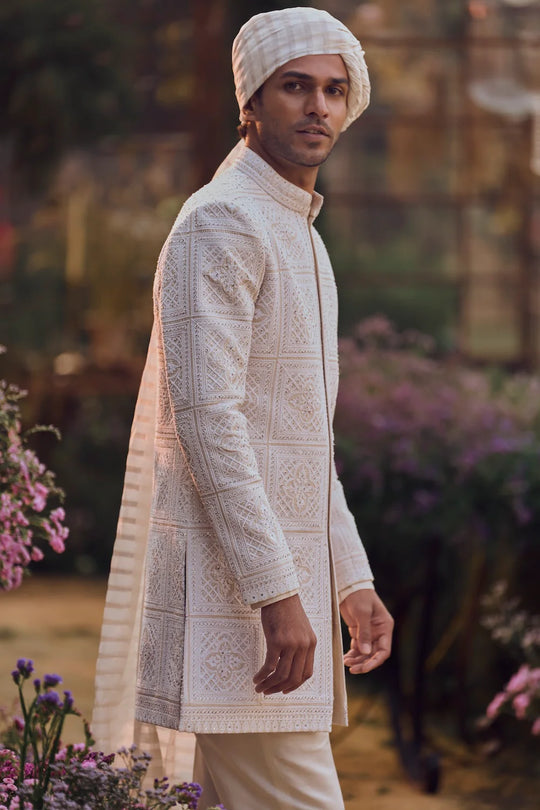 Seema Gujral - Ivory Geometric Sherwani Set