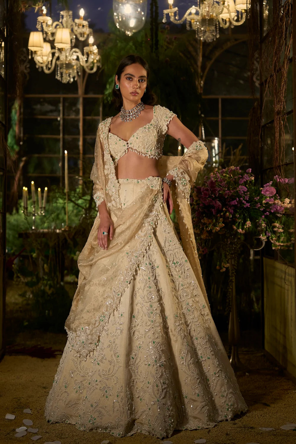 Seema Gujral - Light Gold Pearl Lehenga Set