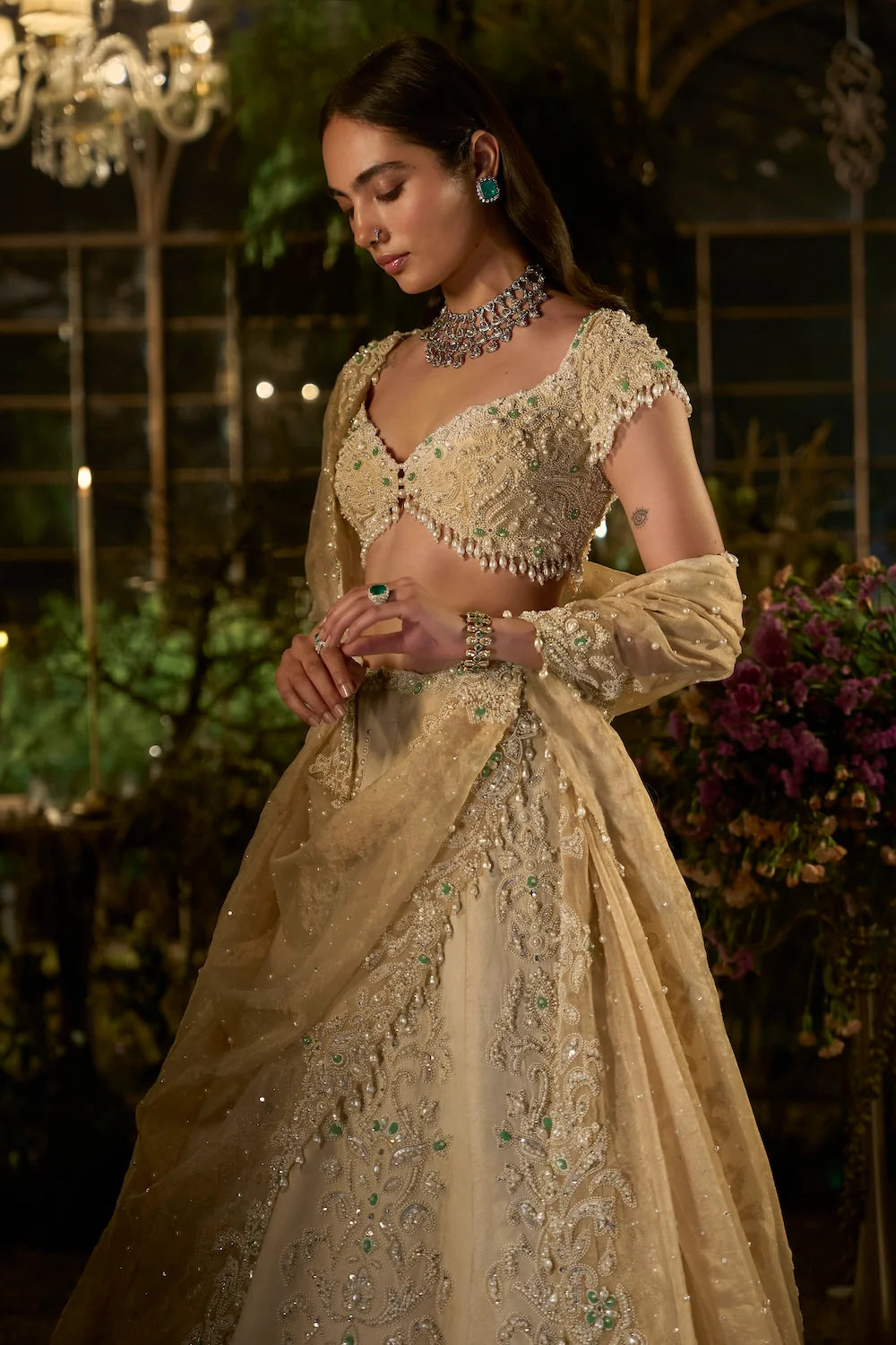 Seema Gujral - Light Gold Pearl Lehenga Set