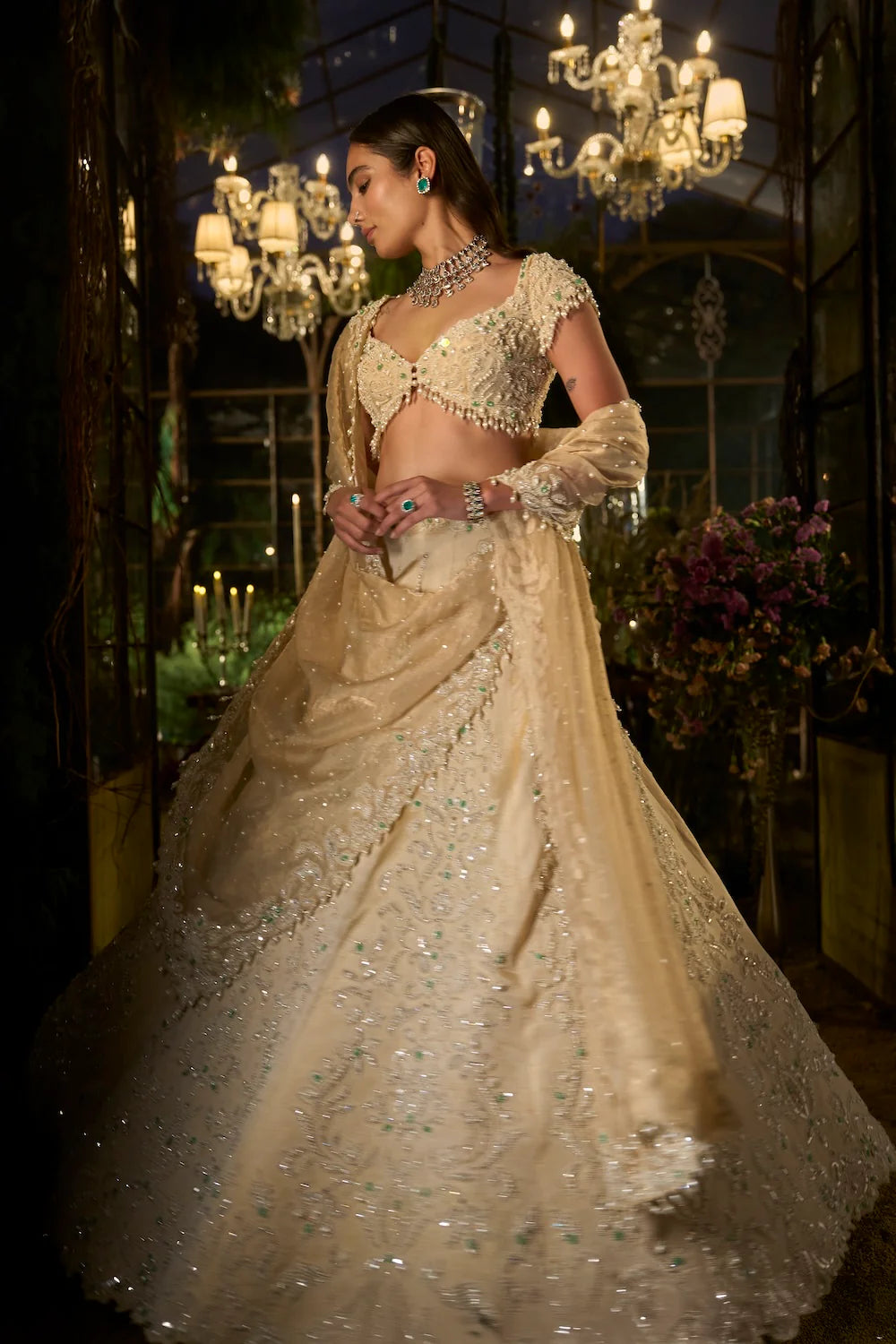 Seema Gujral - Light Gold Pearl Lehenga Set