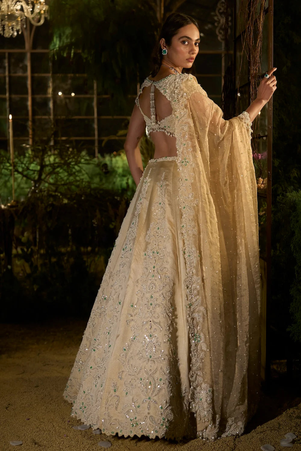 Seema Gujral - Light Gold Pearl Lehenga Set
