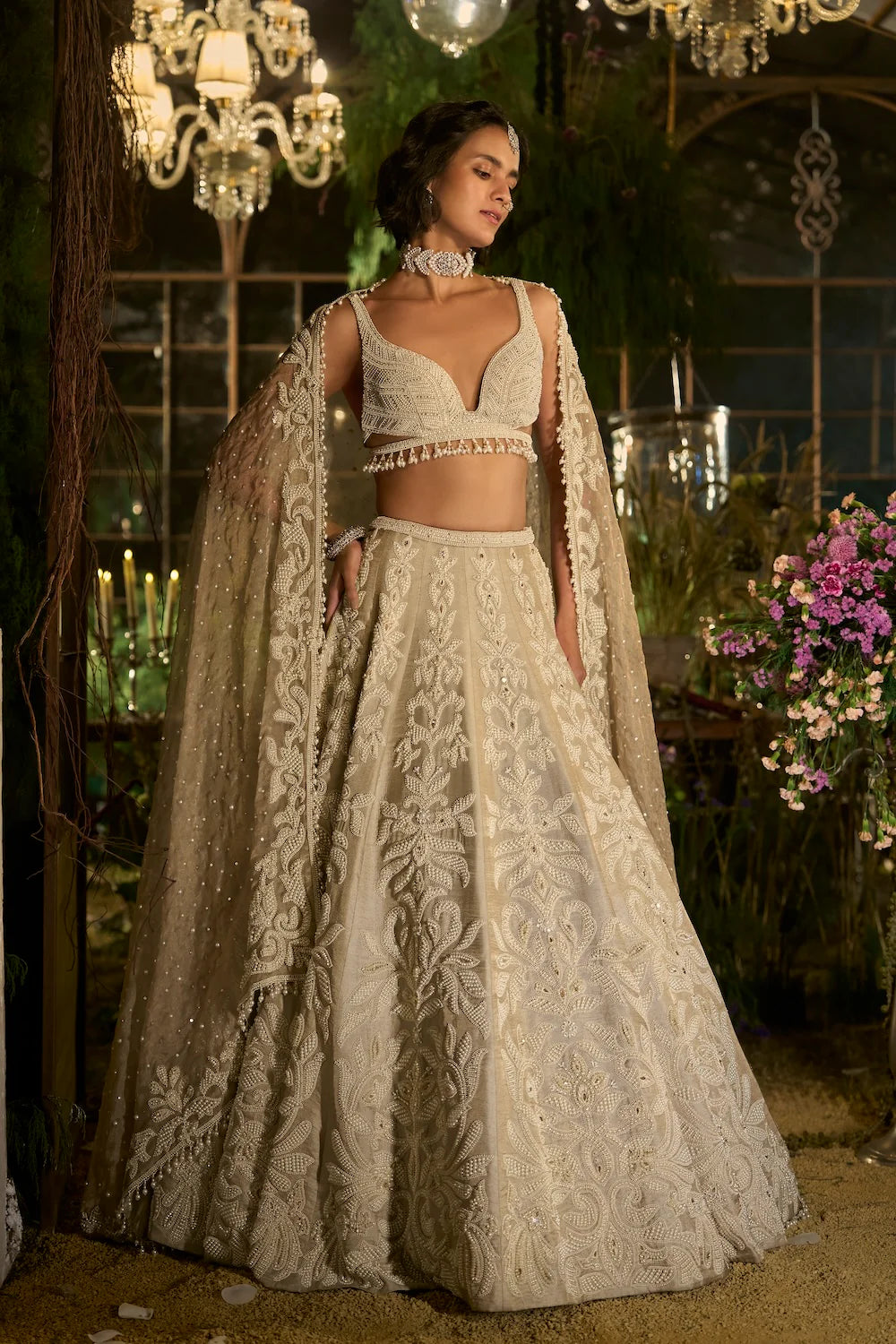 Seema Gujral - Champagne Pearl Lehenga Set