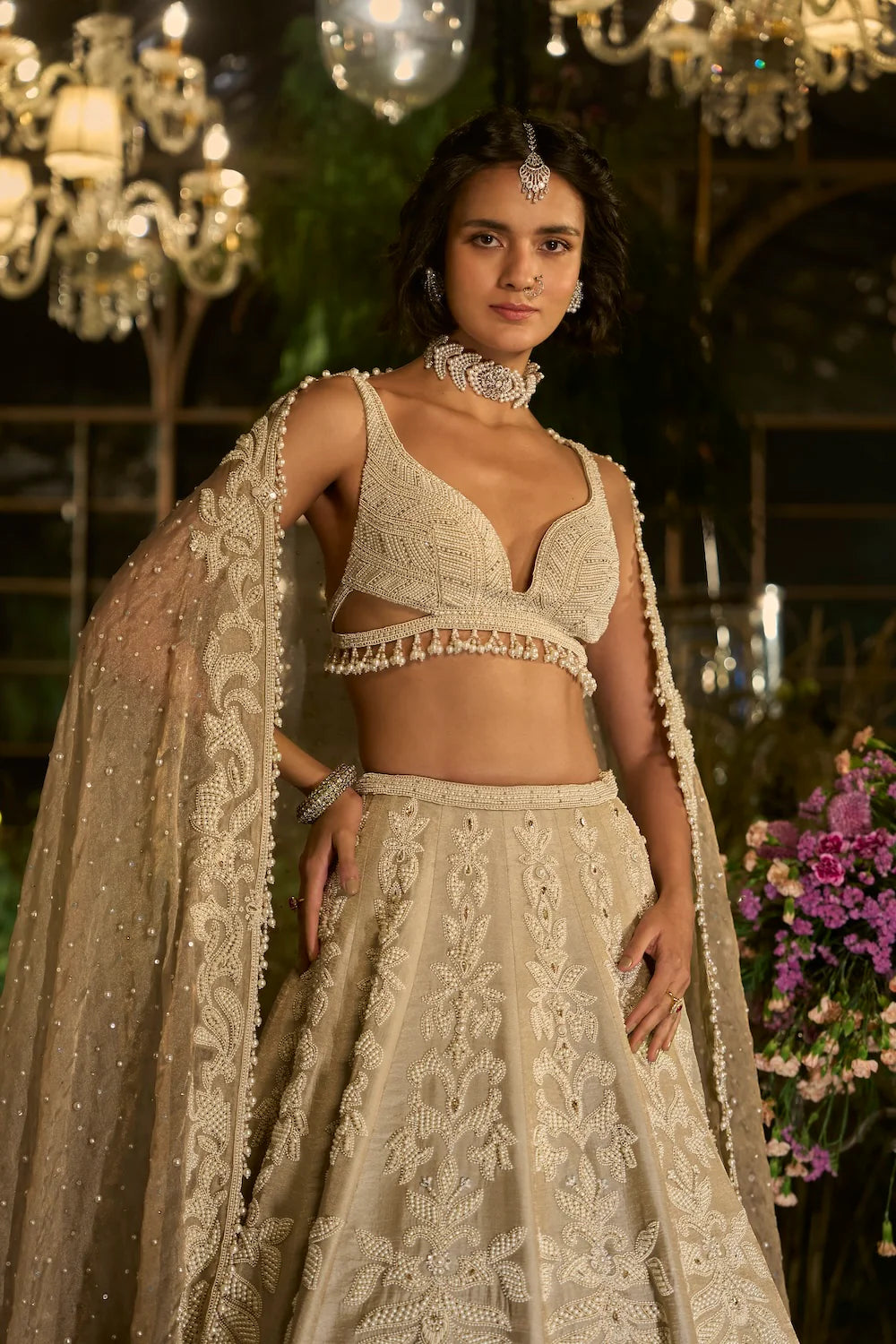 Seema Gujral - Champagne Pearl Lehenga Set