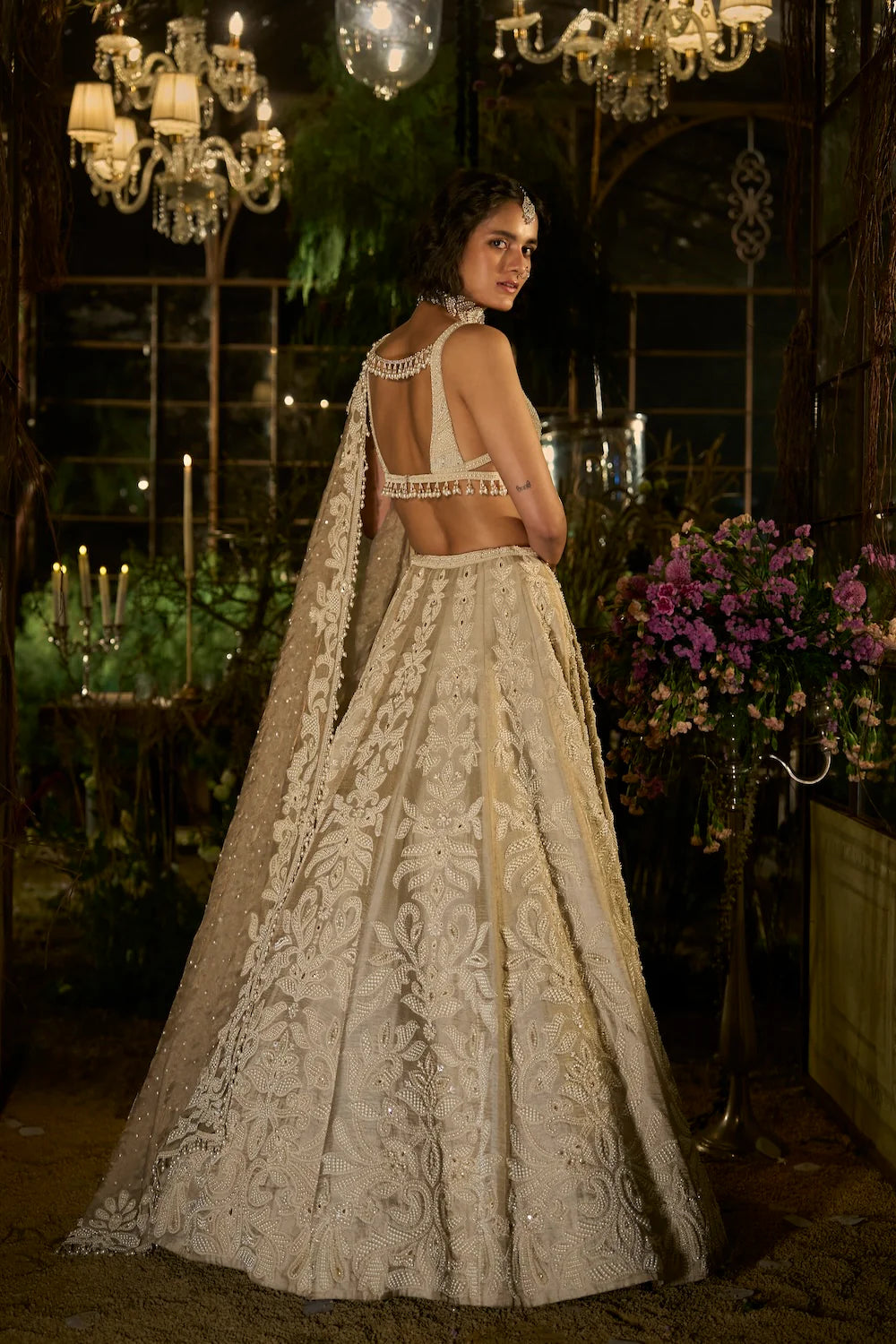Seema Gujral - Champagne Pearl Lehenga Set