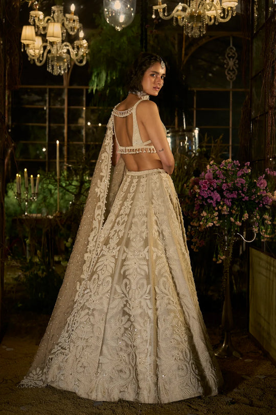 Seema Gujral - Champagne Pearl Lehenga Set