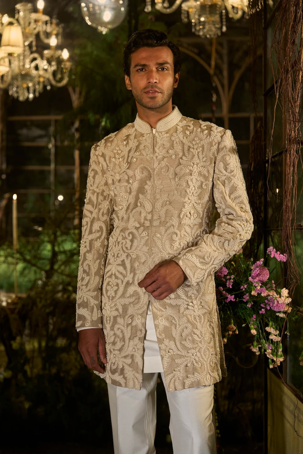 Seema Gujral - Champagne Pearl Sherwani Set