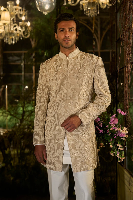 Seema Gujral - Champagne Pearl Sherwani Set
