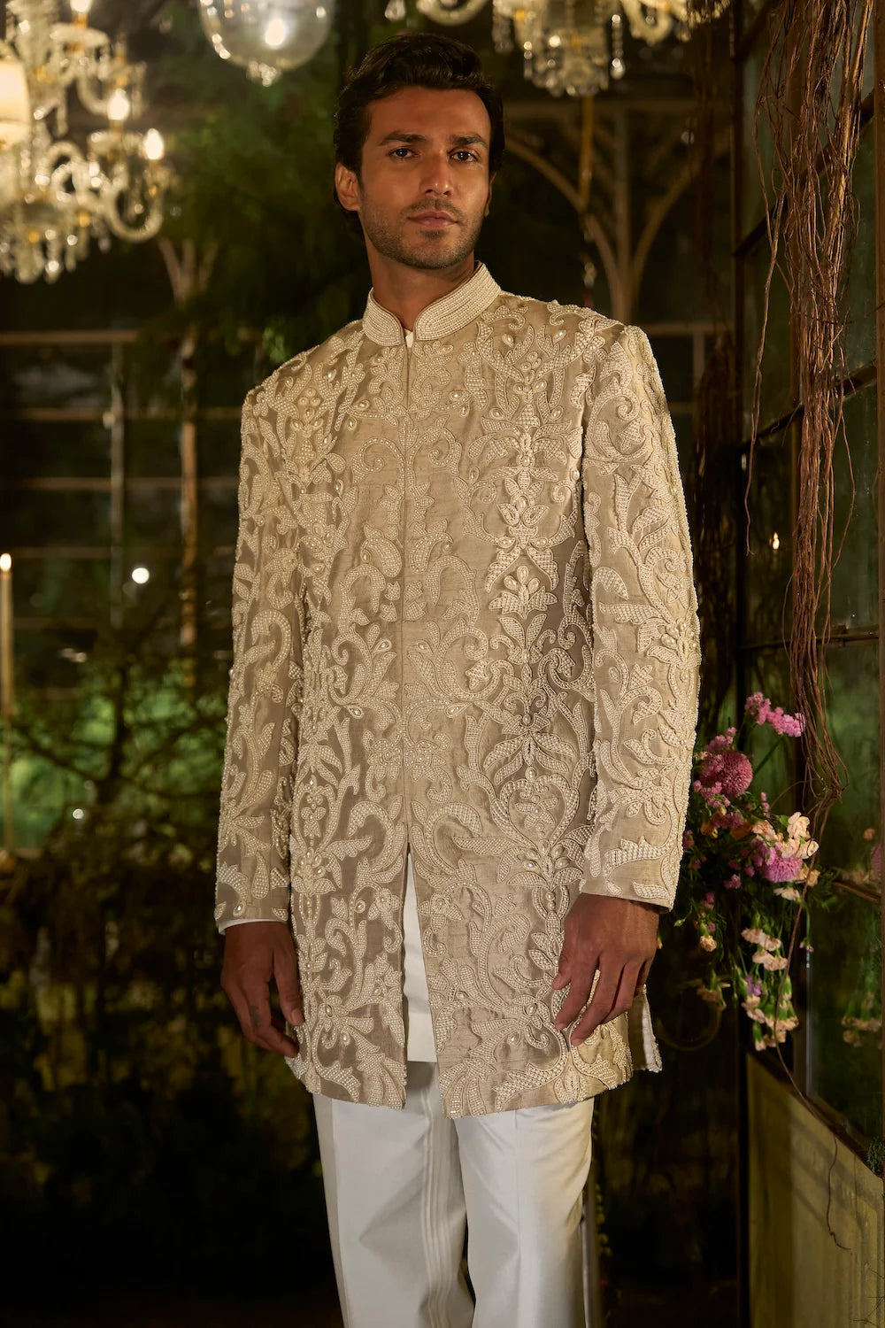 Seema Gujral - Champagne Pearl Sherwani Set
