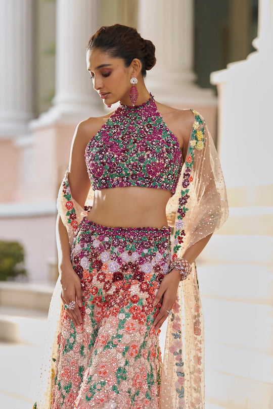 Seema Gujral - Ombre Multi-Coloured Three-Dimensional Floral Sharara Set