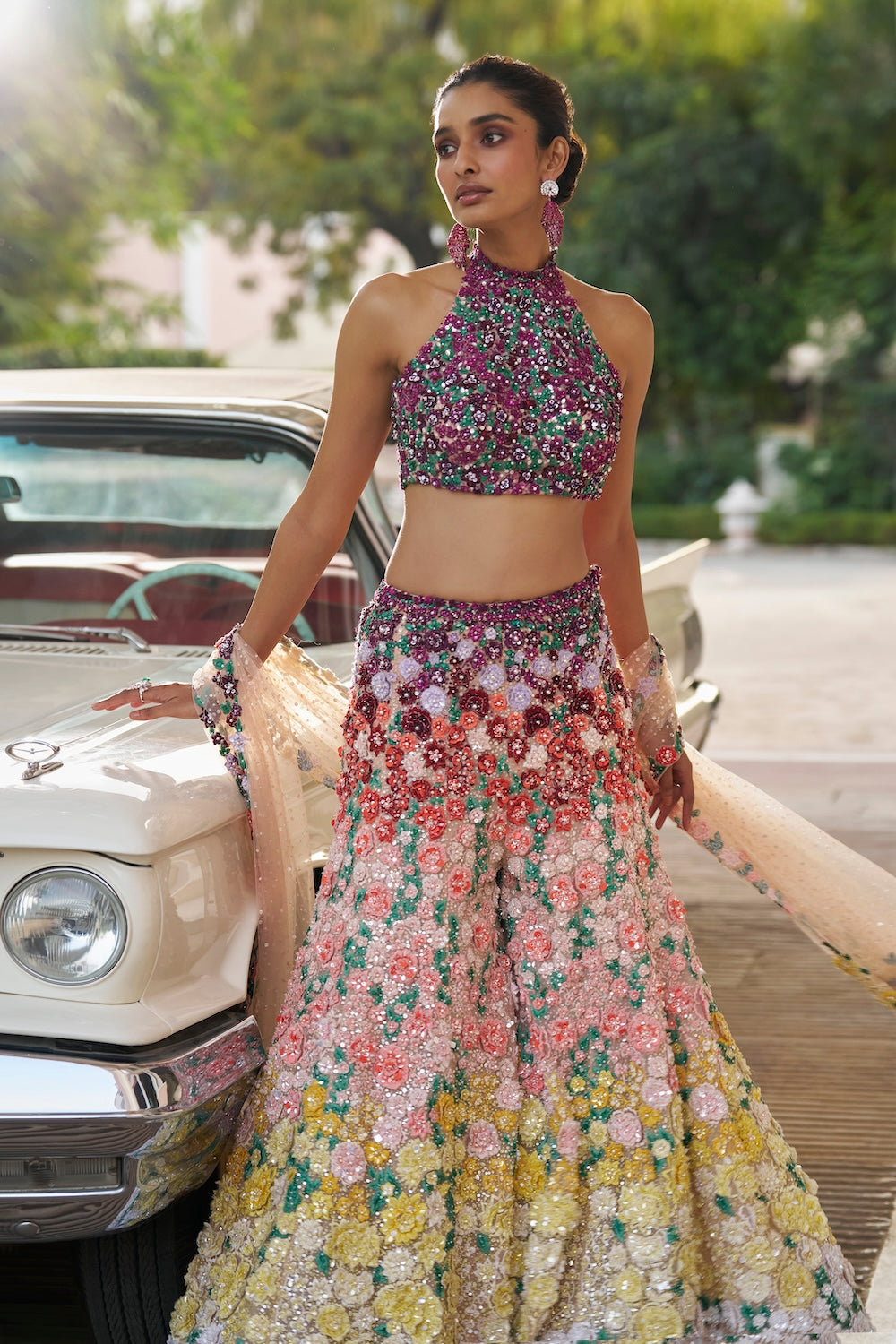Seema Gujral - Ombre Multi-Coloured Three-Dimensional Floral Sharara Set